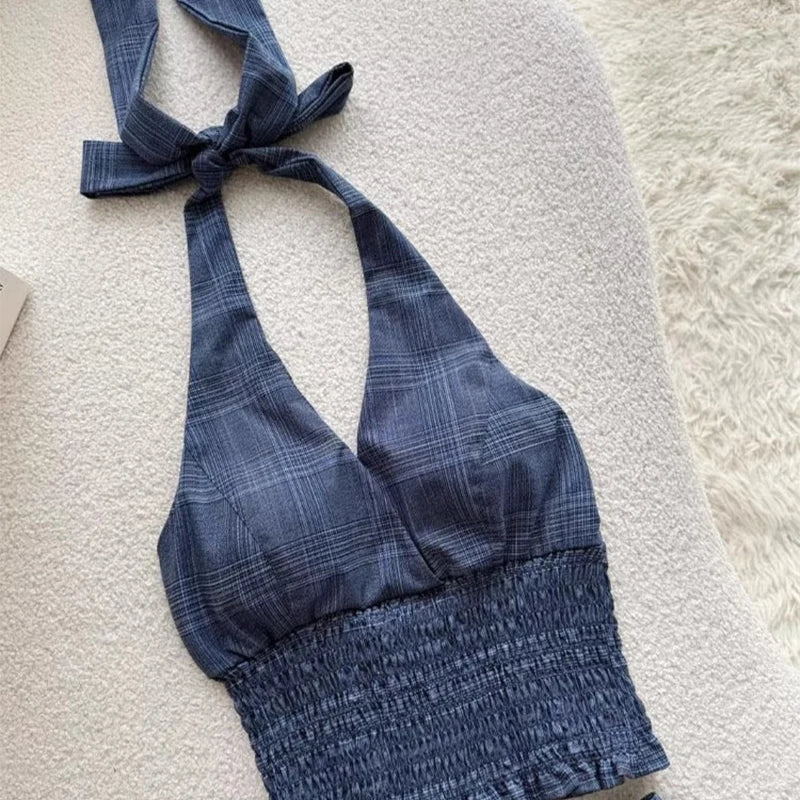 Aiertu  -  French Retro Plaid Skirt 2 piece Set Women Summer Sleeveless Backless Halter Tops + Mini Cake Skirts High Street Suit 2025 Aiertu