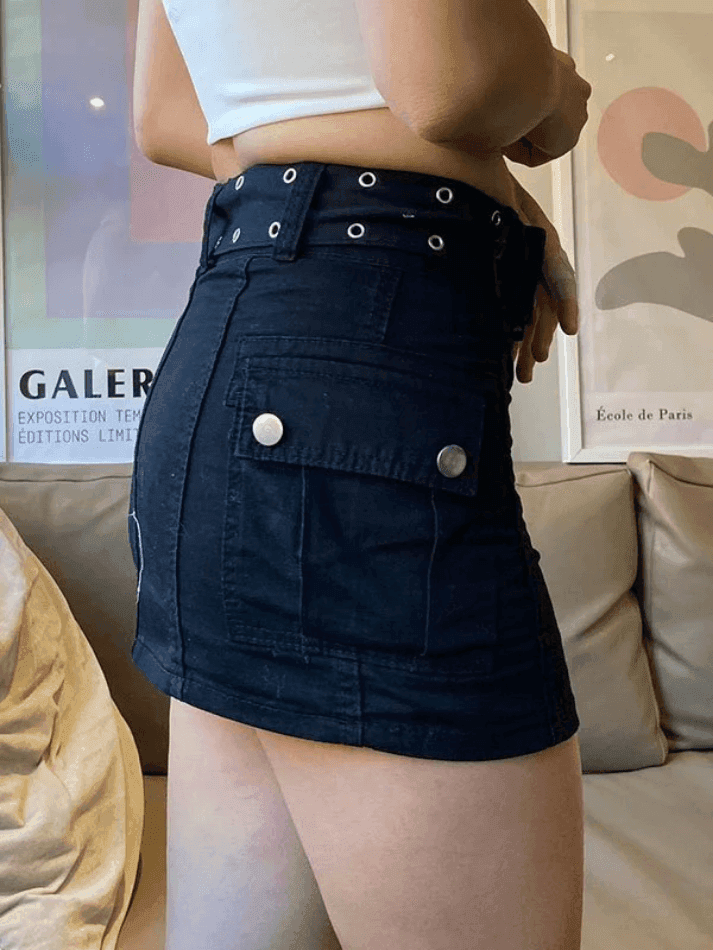 Aiertu  -Buckle Belt Denim Cargo Mini Skirt aiertu