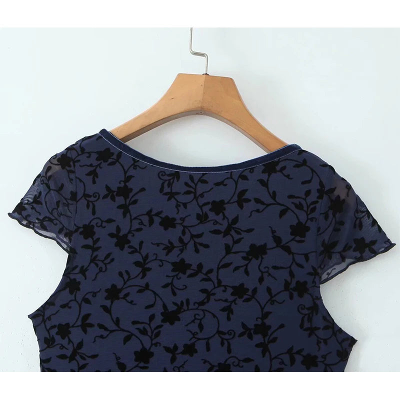 Aiertu  -  Summer Women Navy Blue Short Sleeve V Neck Floral Print Dress High Waist A-line Midi Mesh Vintage Dresses French Style Robe Aiertu