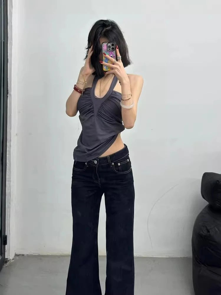 Aiertu  -  Y2k Aesthetic Sexy Women Halter Tank Tops Streetwear Vintage Pleated Grunge Tanks Backless Harajuku Summer Cropped Camisole Aiertu