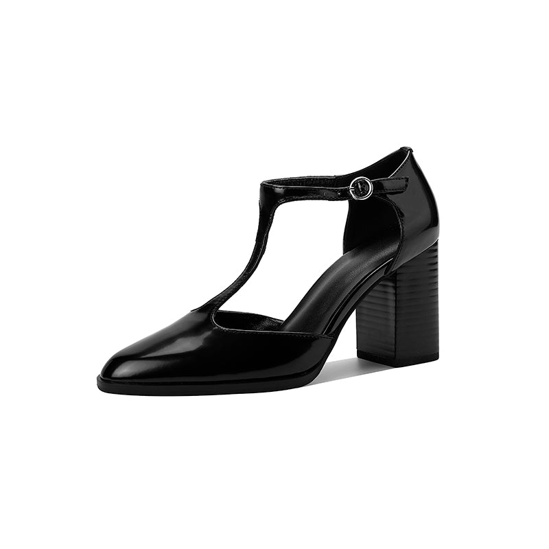 Aiertu  -  New Fashion Lacquer Leather T-shaped Pumps Round Toe Square Heel Straw Shoes French High Heels One Button Baotou Sandals Aiertu