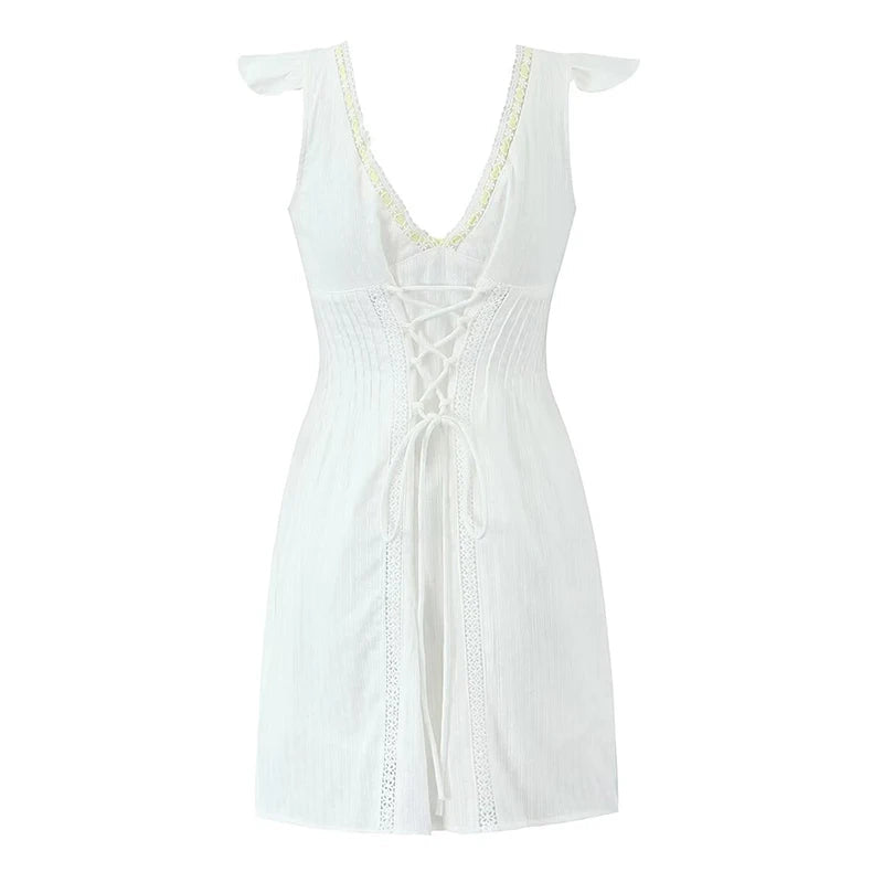 Aiertu  -  French Lazy Style White Dress For Women Sexy V Neck Short Sleeve A-line Mini Summer Dresses Casual Holiday Robe Lace Up Aiertu