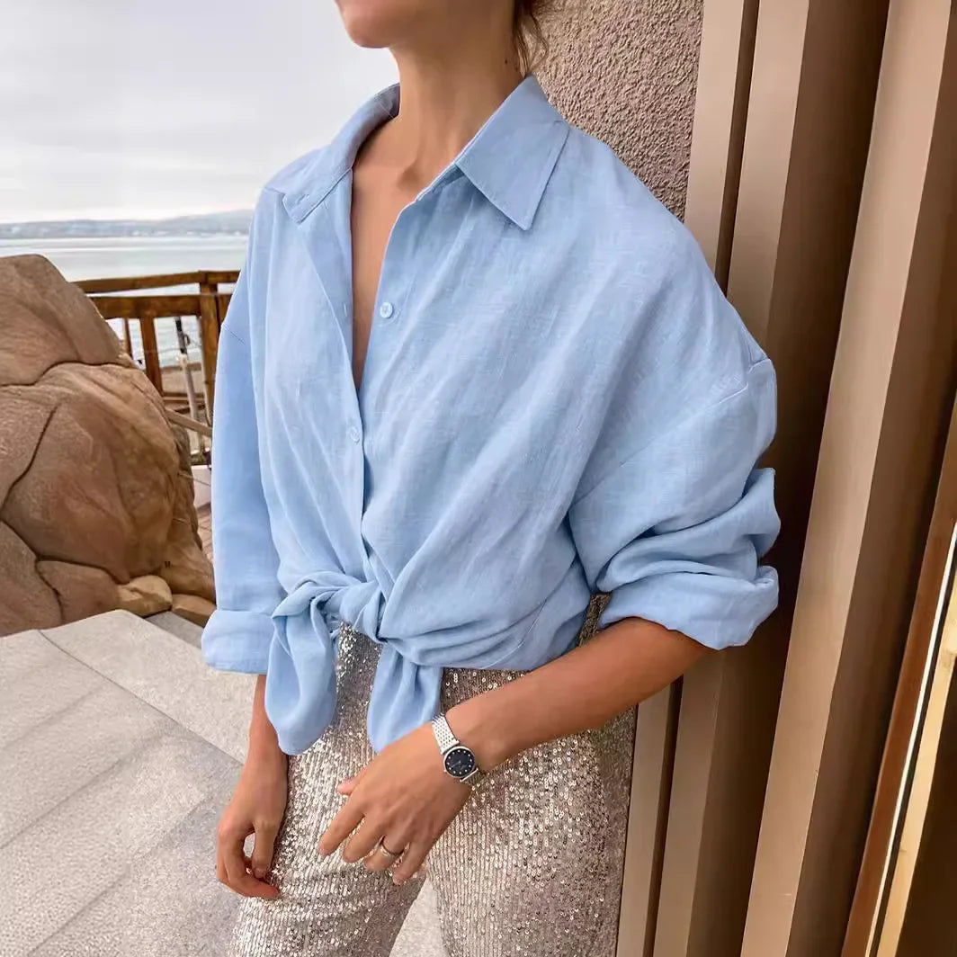 Aiertu  -  Commuter Casual 100% Cotton Women Shirts Solid Loose Lapel Long-sleeved Shirt With Button Simple Top Ladies Clothes Streetwear Aiertu