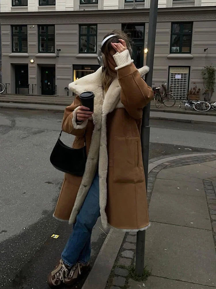Aiertu  -  layered look inspo Vintage Patchwork Women Maxi Jacket Lapel Lamb Wool Pocket Lady Coat Fashion Full Sleeve Autumn Warm Thicken Female Top Aiertu