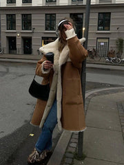 Aiertu  -  layered look inspo Vintage Patchwork Women Maxi Jacket Lapel Lamb Wool Pocket Lady Coat Fashion Full Sleeve Autumn Warm Thicken Female Top Aiertu