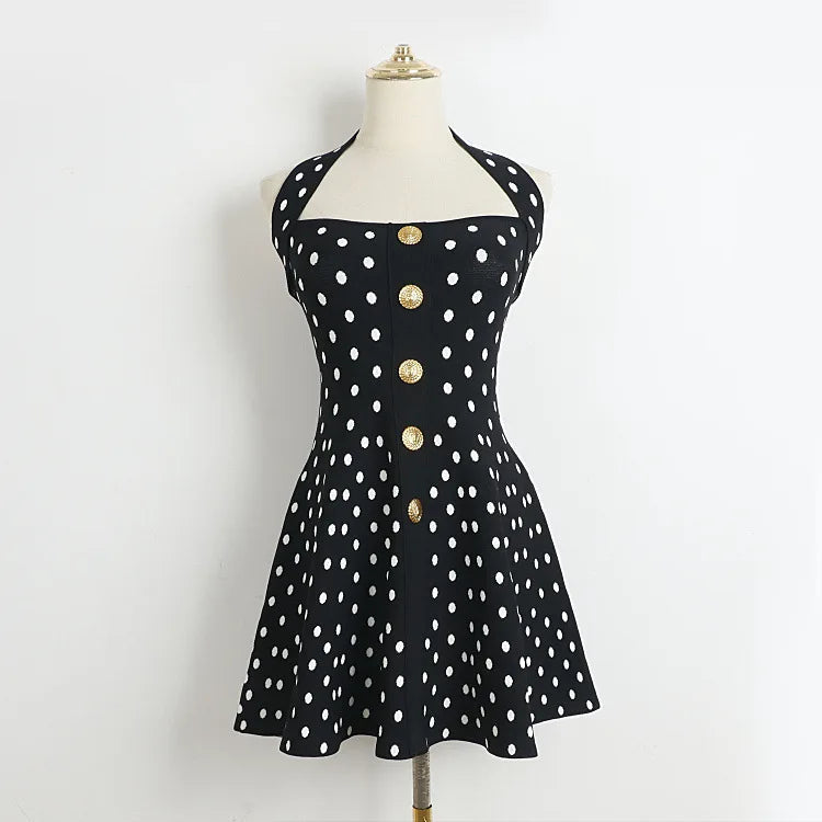 Aiertu  -  Polka Dots Knitted Halter Mini Dress Women Single Breasted Sleeveless A-line Party Vestidos Vintage Fashion Elegant Dresses New Aiertu