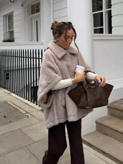 Aiertu  -  Women Grey Loose Half Sleeve Fluffy Faux Fur Coat Fashion Casual Winter Warm Soft Plush Jacket New Lady High Street Outerwear Aiertu