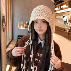 Aiertu  -  Winter Handmade Beanies for Women Fashion Tassel Thickened Warm Knitted Pullover Hat Outdoor Ear Protection Strap Woolen Bonnets Aiertu