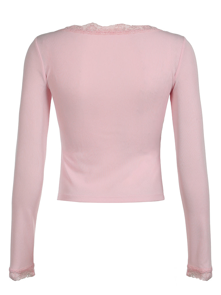 Aiertu - summer inspo Pink Sweet Basic Slim Long Sleeve Tees Top T Shirts Women Cross Tie Lace Patchwork Cute Japanese Kawaii Y2K Clothes Aiertu