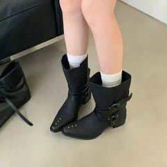 Aiertu    -  Black Chunky Heels Ankle Boots Woman Pointed Toe Rivet Fall Shoes Belt Buckle Western Style Cowboy Boots Zapatos Mujer Aiertu