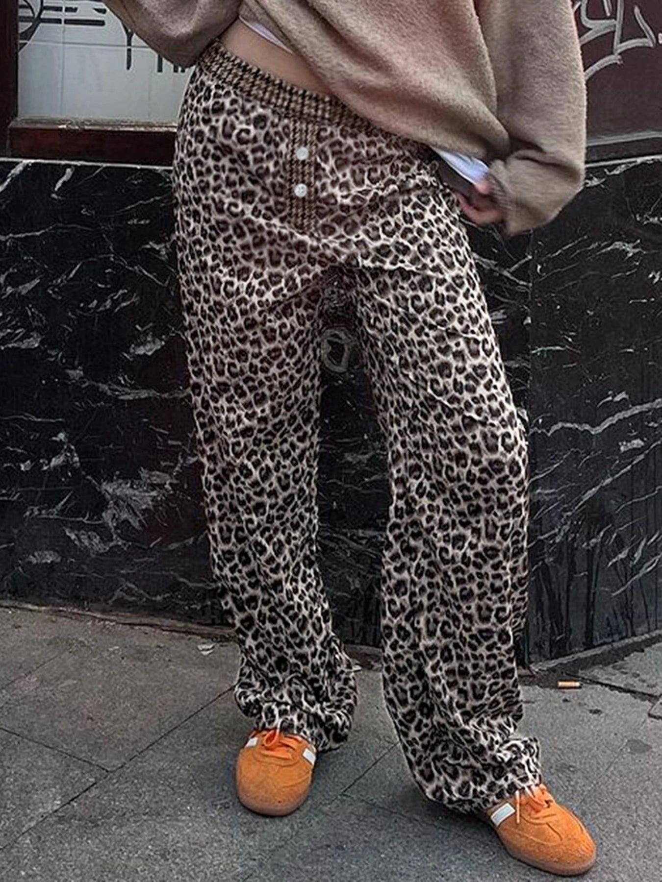 Aiertu  Leopard Print Patchwork Straight Pants Elastic Waist Fashion Harajuku Trousers Aesthetic 2000s Casual Baggy Bottom Aiertu