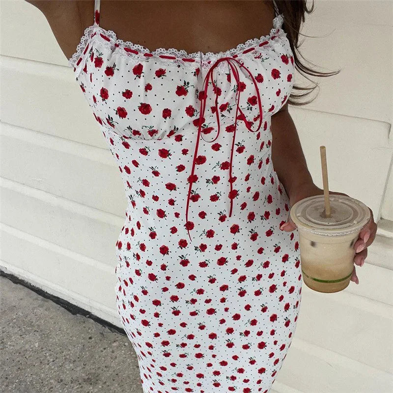 Aiertu  -  Fashion Holidays Floral Printed Summer Long Dress Tie-Up Lace Trim Spaghetti Strap Sexy Sundress Slim Boho Women New Aiertu
