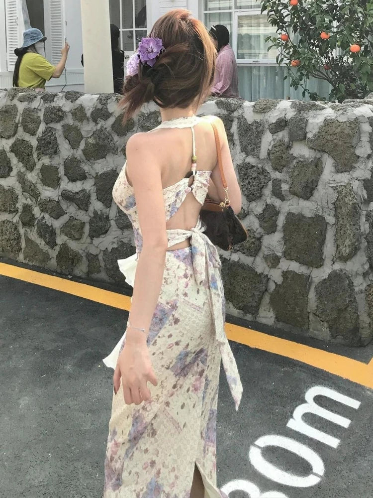 Aiertu  Sexy Two Pieces Set Sun Protection Crop Cardigan + High Waist Halter Print Backless Bandage Drees Femme Outfit Y2k Aesthetic Aiertu