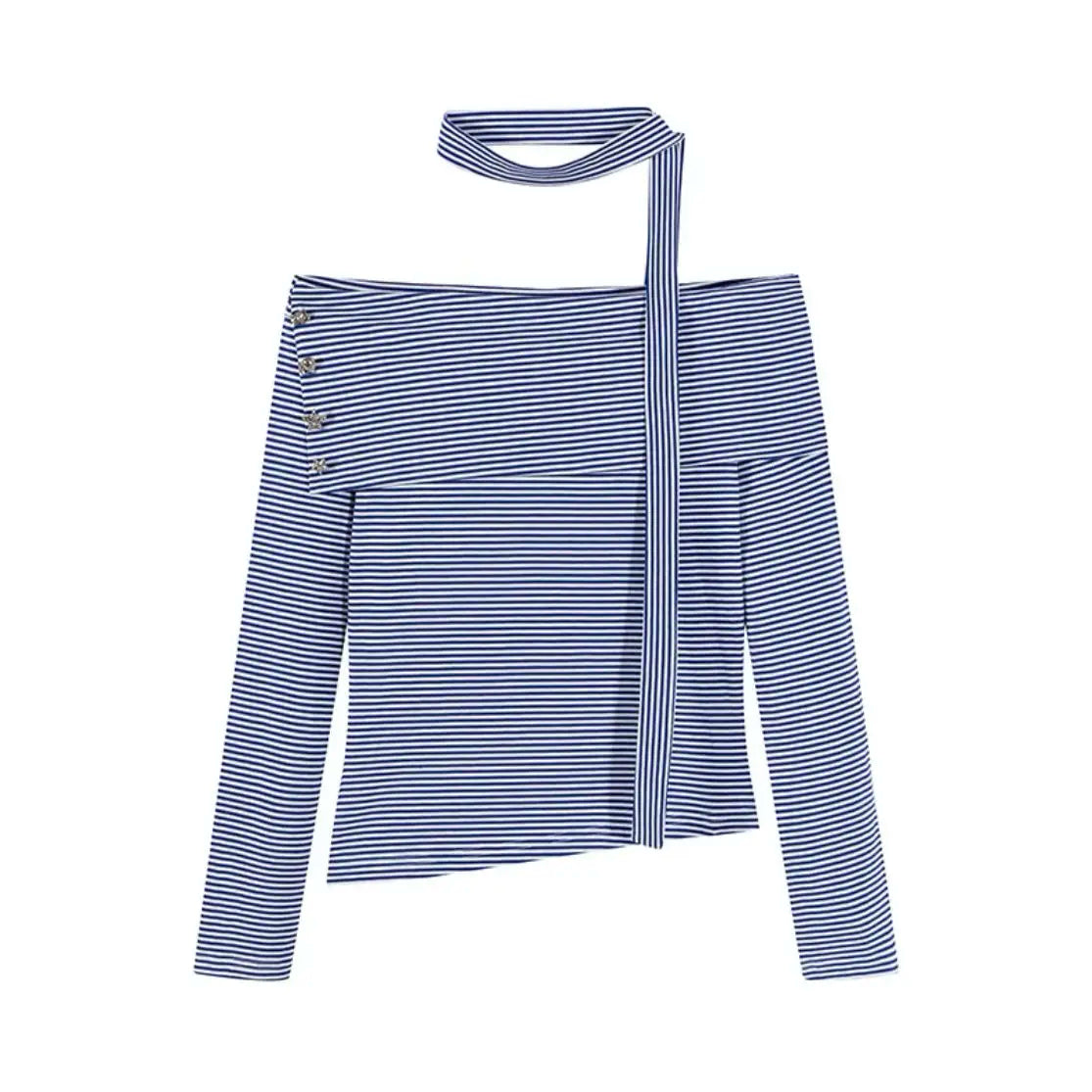 Aiertu  -  Autumn Slash Neck Blue Stripe Y2k Aesthetic Tshirts Streetwear Bandage Women Slim Fit Tee Shirts Vintage Harajuku Basic T-shirt Aiertu