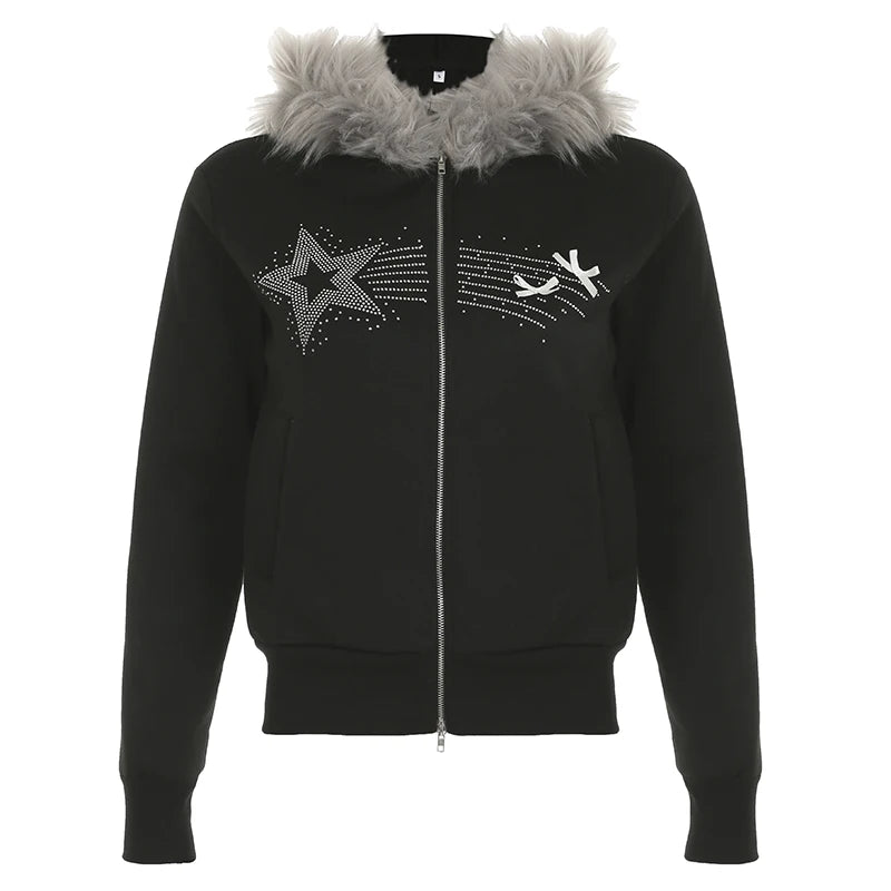 Aiertu  -  casual winter outfits Y2K Furry Hoodies Women Fashion Star Rhinestone Bow Patchwork Zipper Jacket Harajuku Grunge Hooded Coat Korean Girl Aiertu