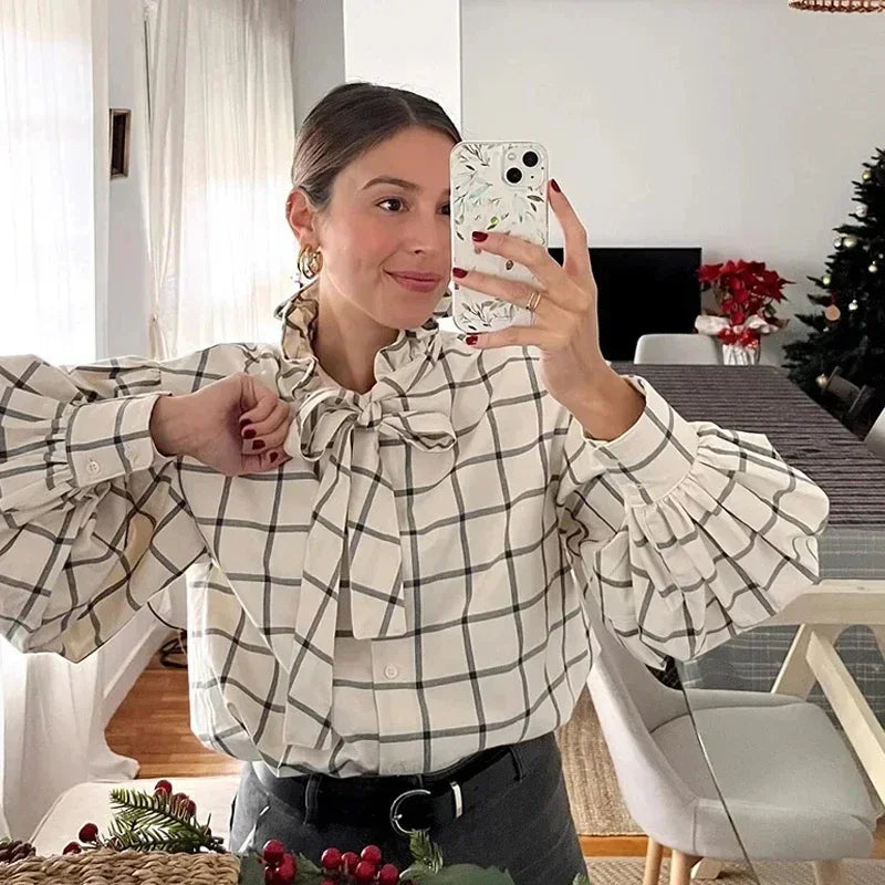 Aiertu  -  Elegant Plaid Lace Up Women Shirts 2026 Spring Ruffle Long Sleeve Single Breasted Simple Blouses Female Casual Loose Lady Tops Aiertu