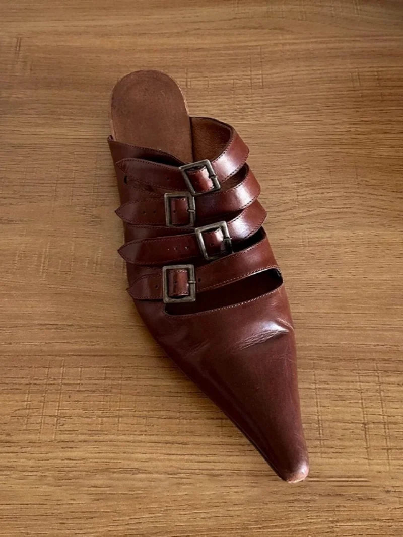 Aiertu    -  Summer New Women's Brown Wrap Toe Pointed Toe Flat Genuine Leather Belt Buckle Vintage Ladies Outdoor Office Daily Slippers Aiertu