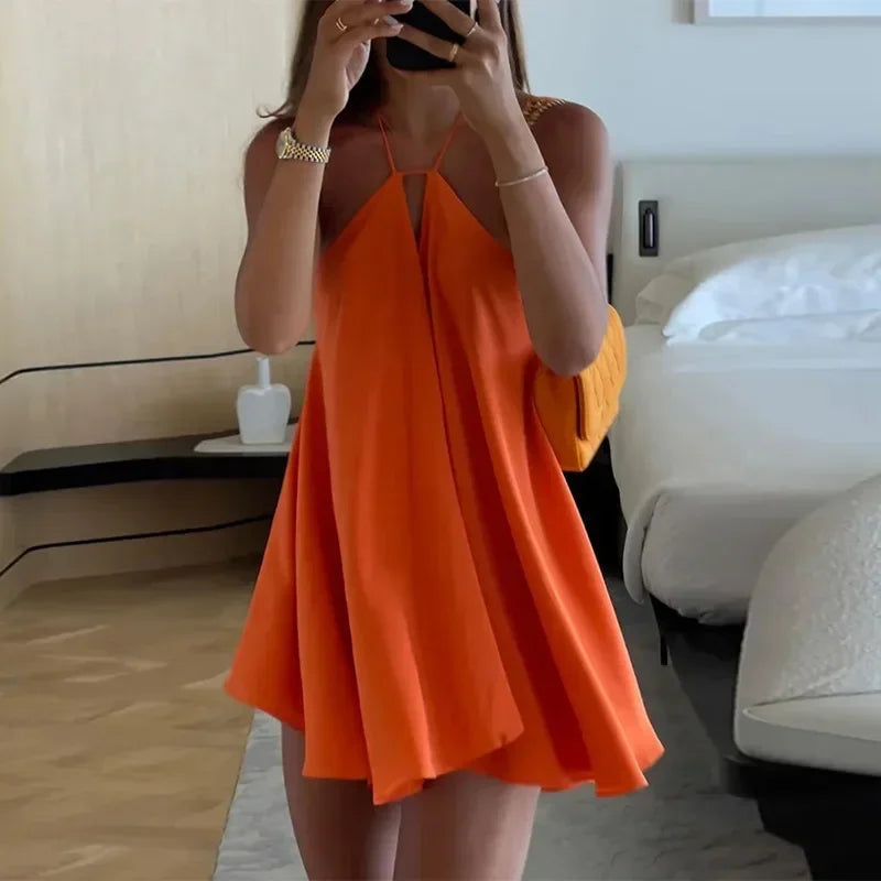 Aiertu  -  Sexy Halter Party Solid Dresses Women Sleeveless Backless Hollow Out Beach Dress Lady Dresses 2025 Summer Lady Beach Robes Aiertu