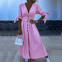 Aiertu  -  Fashion Single-breasted V-neck Denim Dress Elegant Hight Waist Tie-up Half Sleeves Party Dress Casual Solid Long Dress Vestidos Aiertu