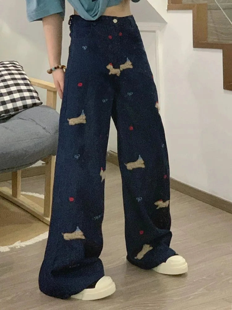 Aiertu  Y2k Aesthetic Streetwear High Waist Wide Leg Pants Women American Retro Kawaii Cuteore Cartoon Embroidery Jeans Aiertu