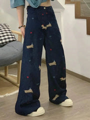 Aiertu  Y2k Aesthetic Streetwear High Waist Wide Leg Pants Women American Retro Kawaii Cuteore Cartoon Embroidery Jeans Aiertu
