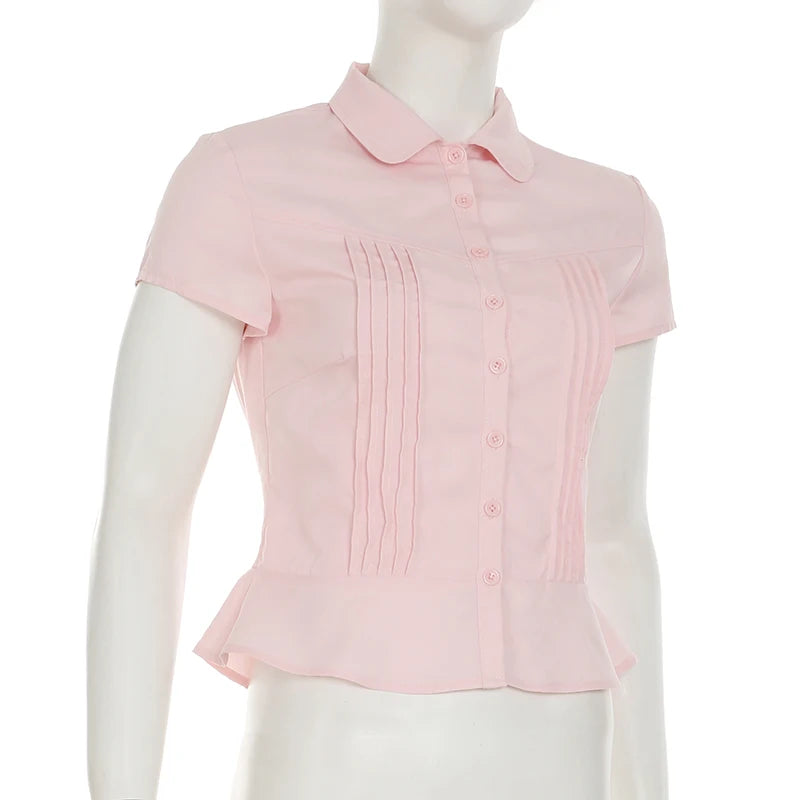 Aiertu  Turn-Down Collar Button-Up Corset Blouse Women's Casual Solid Tee Shirt Korean Short Sleeve Fashion Cute Top Aiertu
