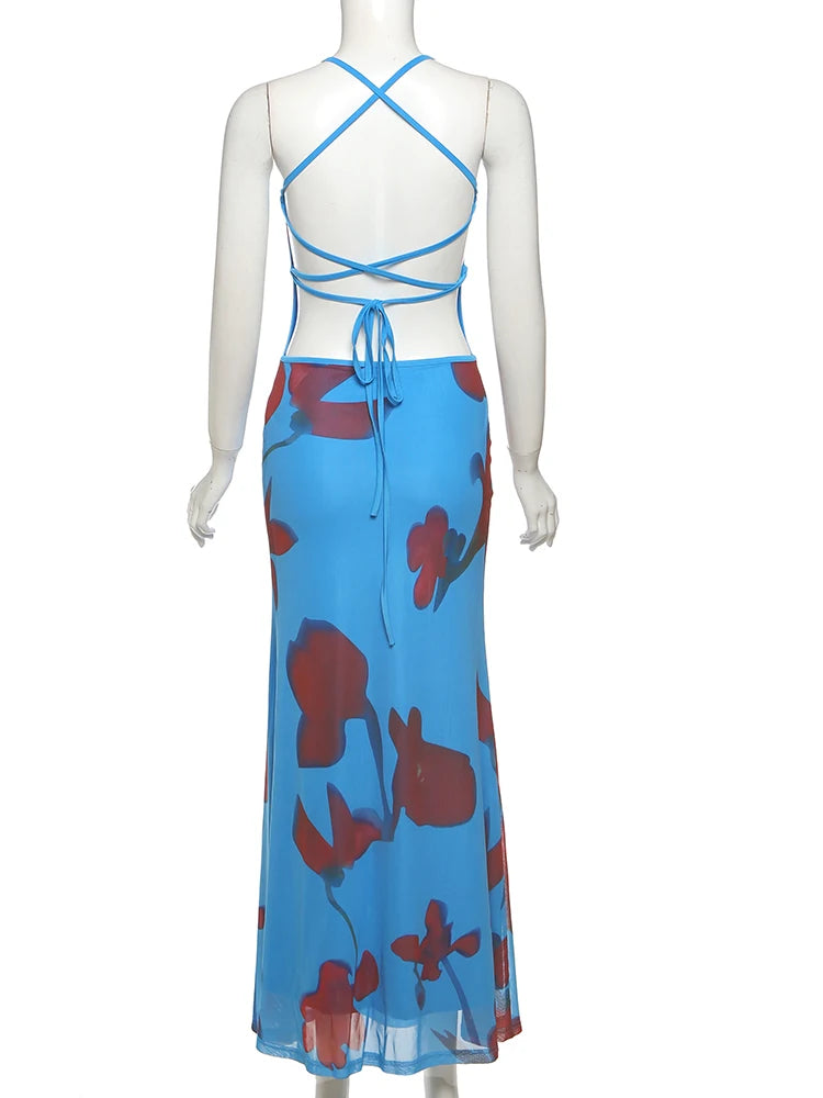 Aiertu  -  Print Maxi Dress Women Lace-Up Cross Backles Double Deck Skinny Tight Stretch Beach Vacation Summer Trend Vestidos Aiertu