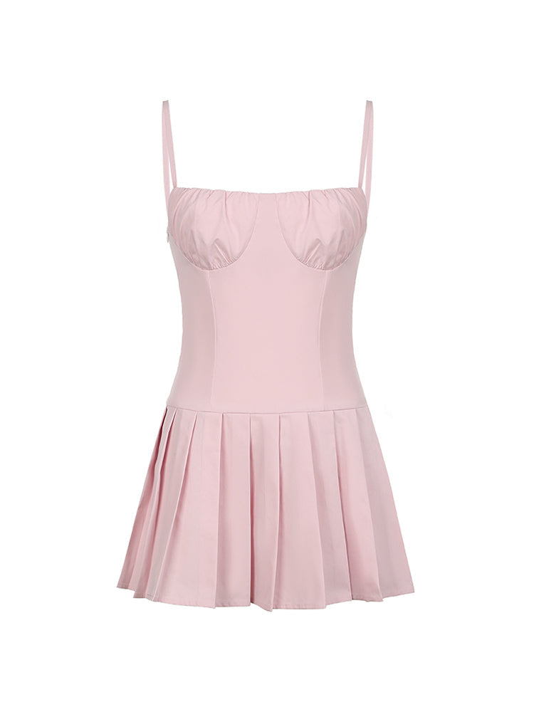 Aiertu - summer inspo Solid Sleeveless Fit And Flared Spaghetti Strap Pleated Dresses Women Sweet Style Summer Clothes Aiertu