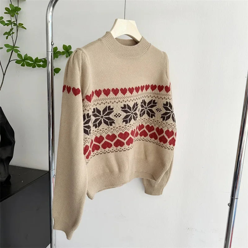 Aiertu  -  Vintage  Fair Isle Crew Neck Jumper Heart Pattern Knitted Pullovers Christmas Sweater Holiday Knitwear Autumn Women Outerwear Aiertu