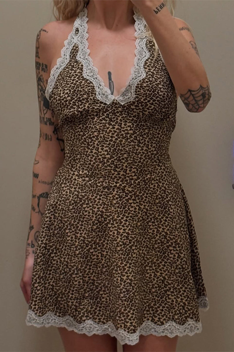 Aiertu  -Sexy Leopard Lace Lace Up Halter Sleeveless Dresses aiertu