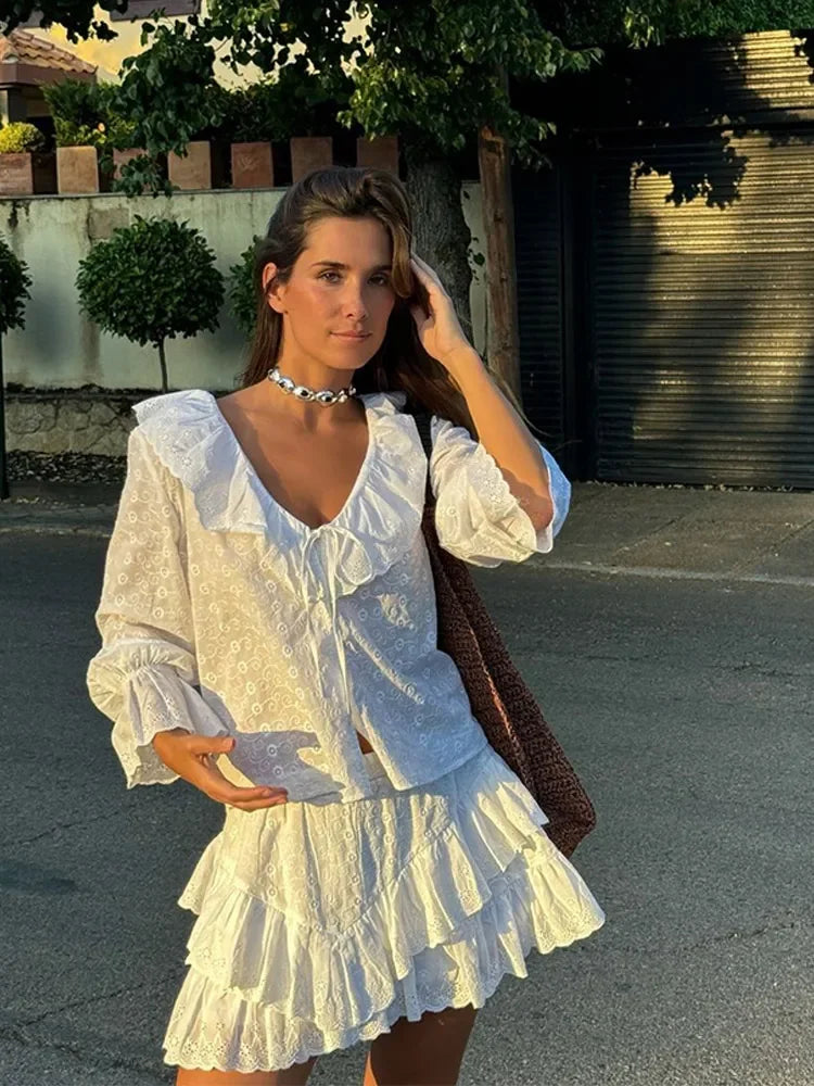 Aiertu  -  New Women White Embroidery Ruffles Pleated Short 2 Piece Sets Female V-neck Flare Full Sleeve Shirt Set Mini shorts Set 2025 Aiertu