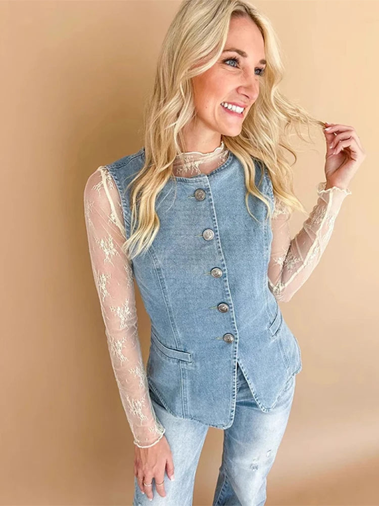 Aiertu  -  Fashion Denim Tank Women High Street O-neck Sleeveless Single Breasted Slim Female Tanks 2025 Spring Chic Casual Solid Lady Vest Aiertu