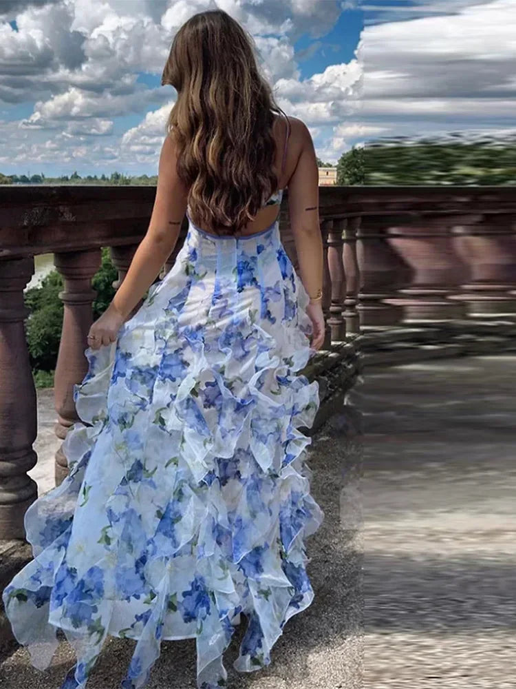 Aiertu  -  Printed Multi-layer Ruffled Split Long Dress Women's High Waist Backless Slim Zipper Sling Dresses 2026 Summer Holiday Sexy Robe Aiertu