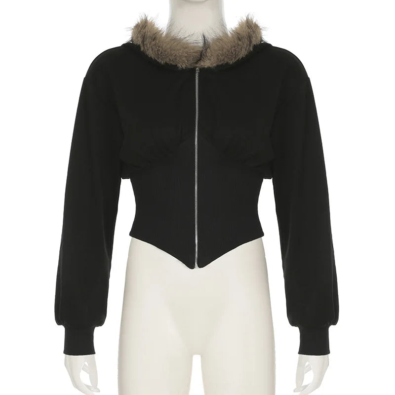 Aiertu  -  Black Hoodies Womens 2000s Clothes Y2k Hooded Sweatshirts With Fur Streetwear Zip Up Cropped Jacket Grunge Corest Top Aiertu