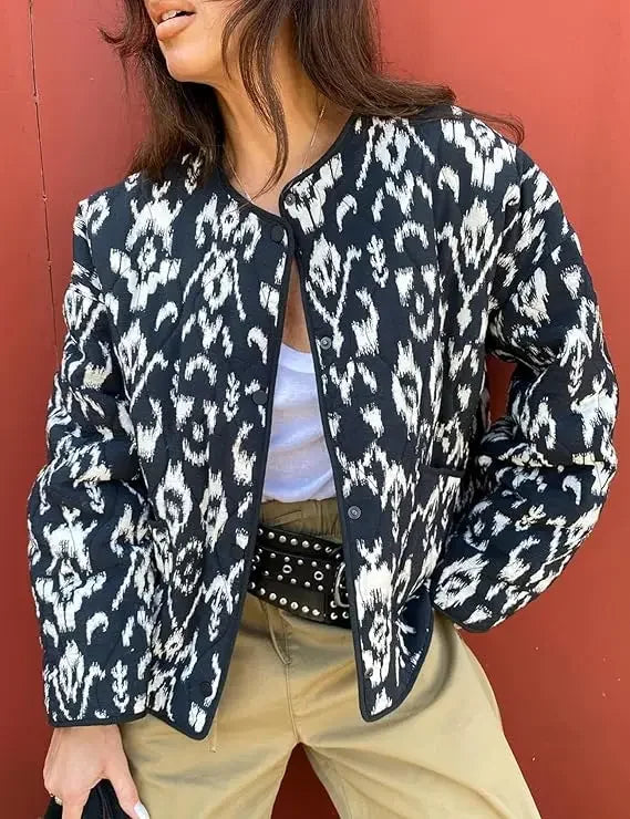 Aiertu  -  Warm Quilted Jackets for Women Long Sleeve Floral Print Button Down Puffer Jacket Coats with Pockets Cropped Open Front Cardigan Aiertu
