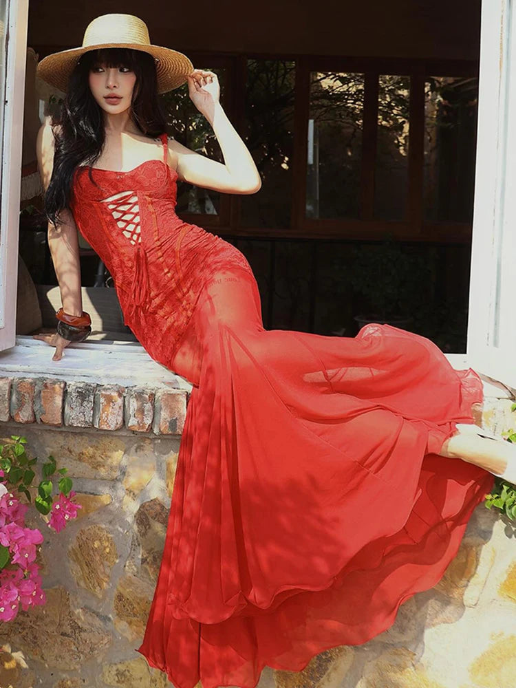 Aiertu  -  Backless Sleeveless Mesh Patchwork Jacquard Maxi Dress Women Hollow Cross Bandage Fishtail Low-Neck Vacation Vestidos Aiertu