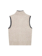 Aiertu  Women Fashion Khaki Single Breasted Knitted Vest Tank Tops Vintage Bowed Neck Sleeveless Female Chic Lady Top Aiertu