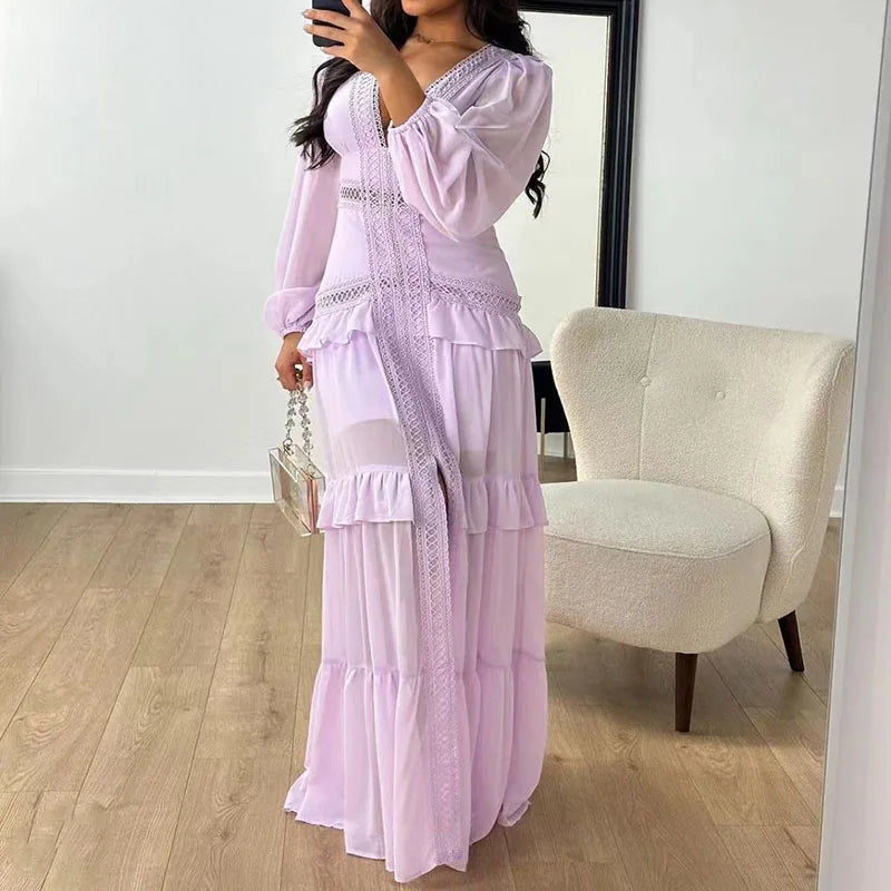 Aiertu  -  Elegant Lace Deep V-neck Pleated Long Dress Women's Casual Long Sleeve Solid Party Dress Fahsion Hight Waist Slim Evening Dress Aiertu