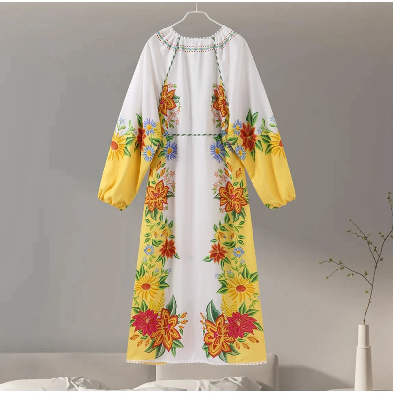 Aiertu  -  Print Linen Dress Women Elegant Loose Lace Up V Neck Vintage Vestidos Female Summer Long Sleeves Fashion High Waist Robe Aiertu