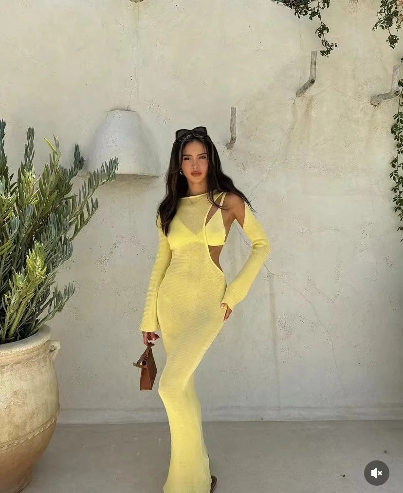 Aiertu  -  New Spring Sexy Holiday Cut Out Maxi Dress for Women Long Sleeve Beachwear Dresses Yellow Knitted Skinny Elegant Vestidos Aiertu