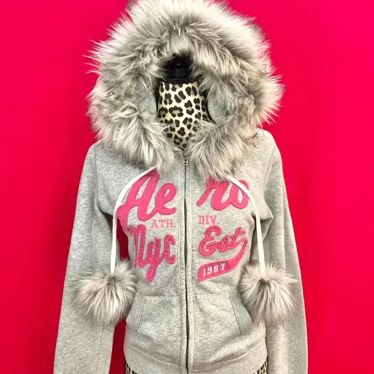 Aiertu  -  American Fashion Y2K Top Plush Warm Harajuku Embroidery Light Colored Hooded Zipper Design Clothing Kawaii Clothing Aiertu