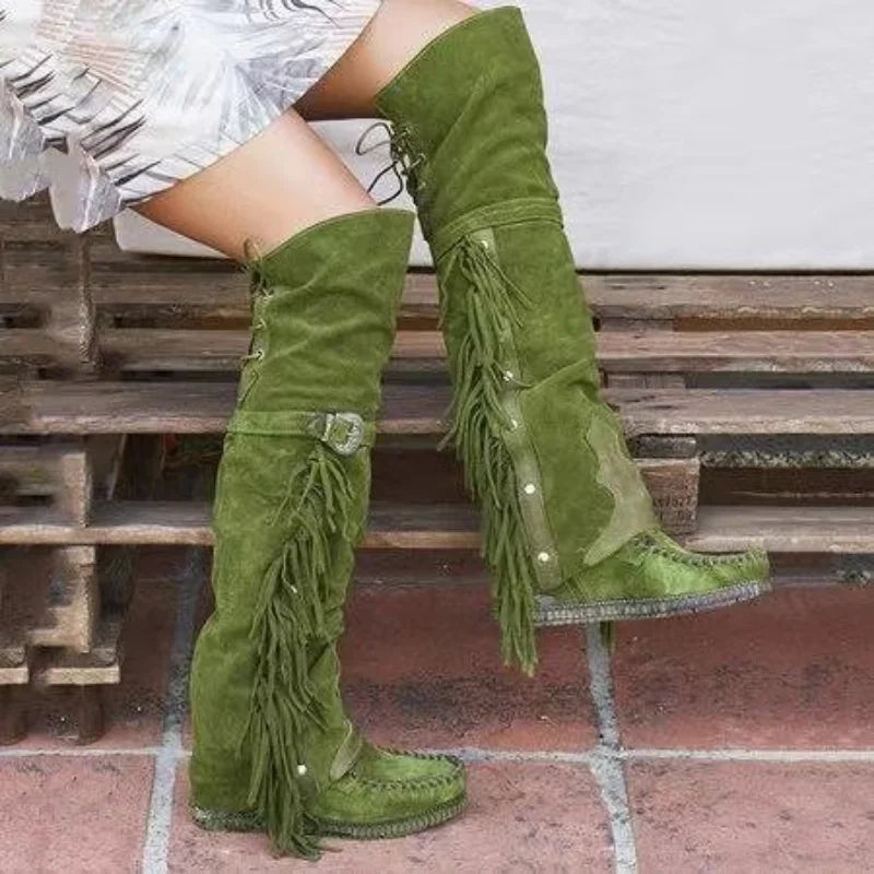 Aiertu    -  Fashion Bohemia Knee-length Women Boots Ethnic Personality High Boots Tassels Faux Suede Boots Girl Flat Bottom Long Botas Mujer Aiertu