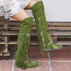 Aiertu    -  Fashion Bohemia Knee-length Women Boots Ethnic Personality High Boots Tassels Faux Suede Boots Girl Flat Bottom Long Botas Mujer Aiertu