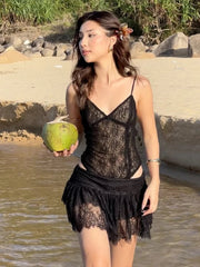 Aiertu  -  Sexy Lace Two-Piece Set Women See Through Sleeveless Bodysuit+Patchwork Mini Skirt Midnight Beach Party Matching Suit Aiertu