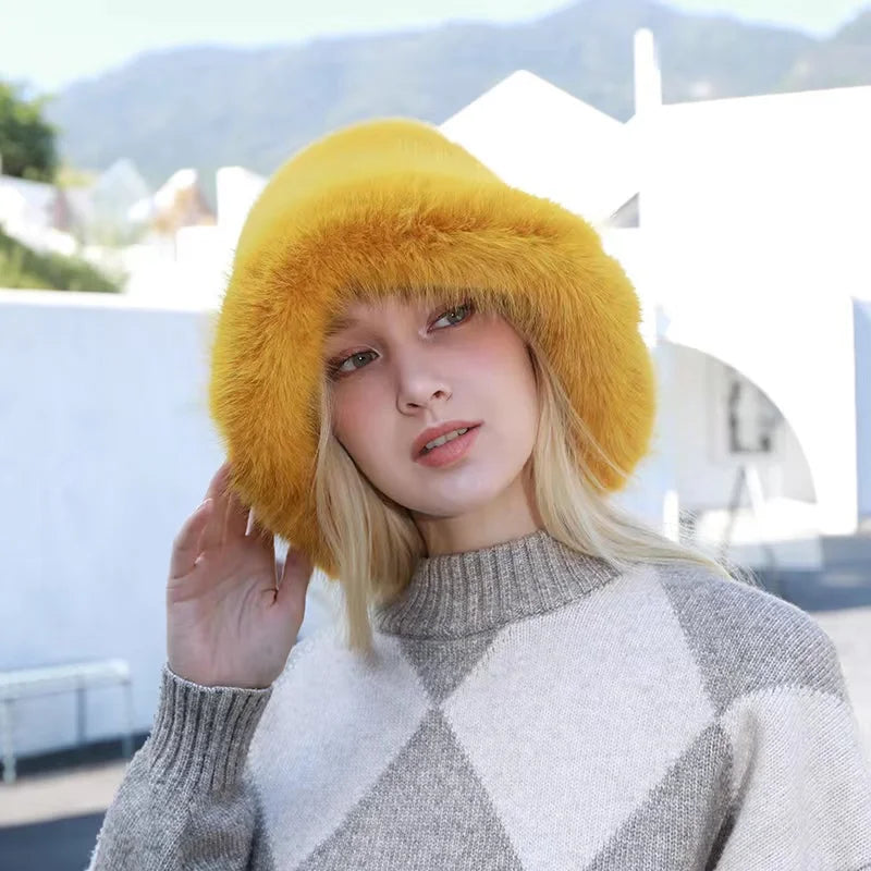 Aiertu  -  Autumn Winter Women Keep Warm Rainbow Faux Fox Fur Basin Cap Female Fashion Casual Party Bucket hat Music Festival Thickened Hat Aiertu