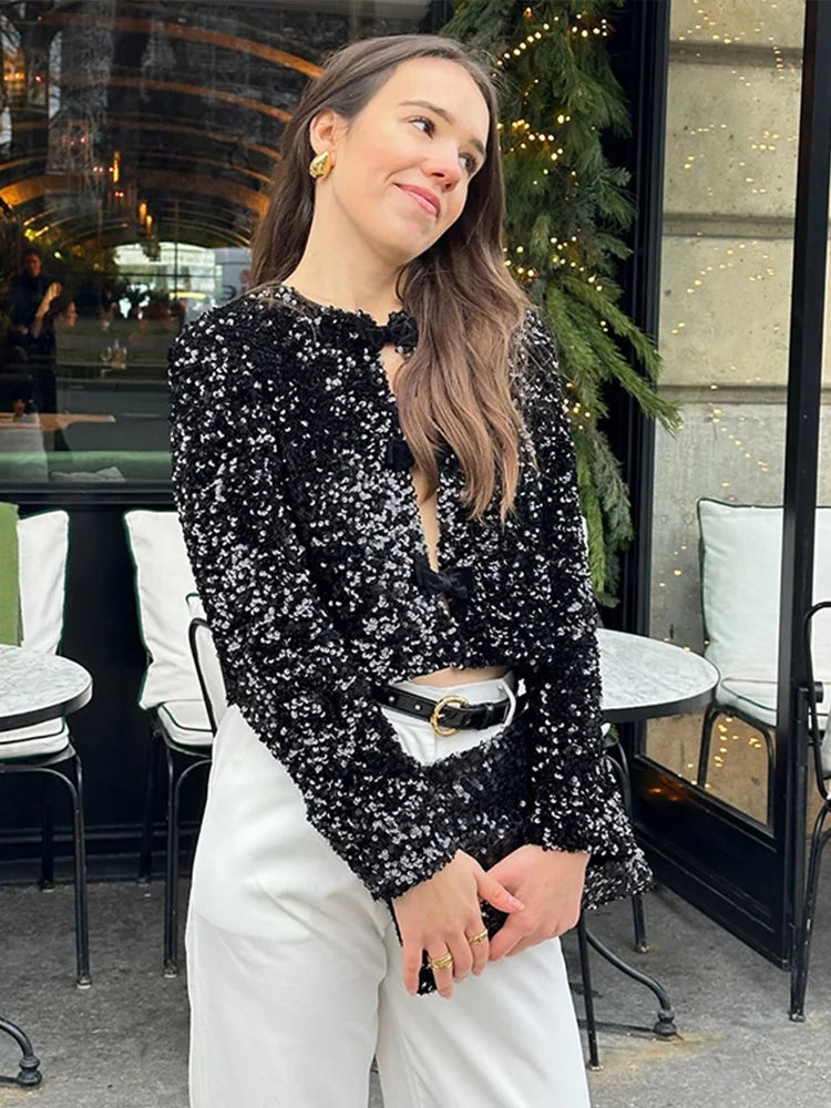 Aiertu  Elegant Sequin Women Cardigan Coat O Neck Hollow Out Bow Tied Shinny Short Top Female Long Sleeve Fashion Highstreet Outerwear Aiertu