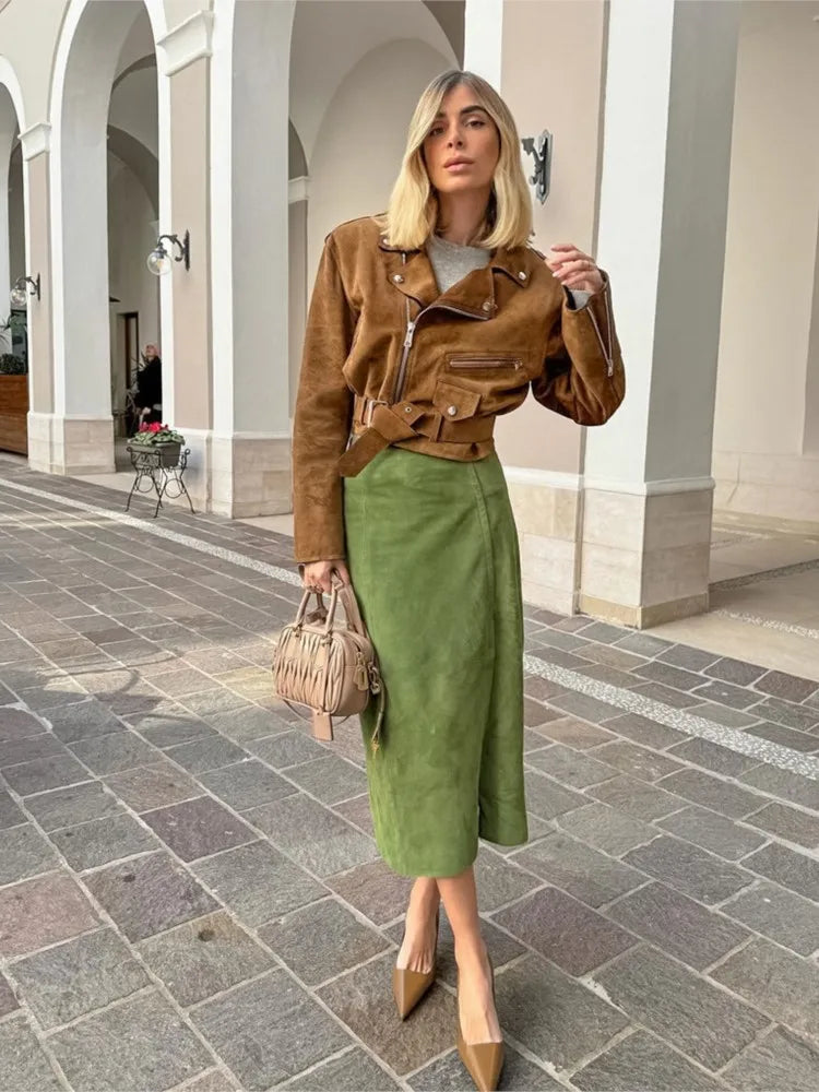 Aiertu  -  New Green Suede Chic Autumn Women Skirt Zipper High Waist Fashion Long Skirts Slit Eleagnt Lady Straight Skirt Winter New Aiertu