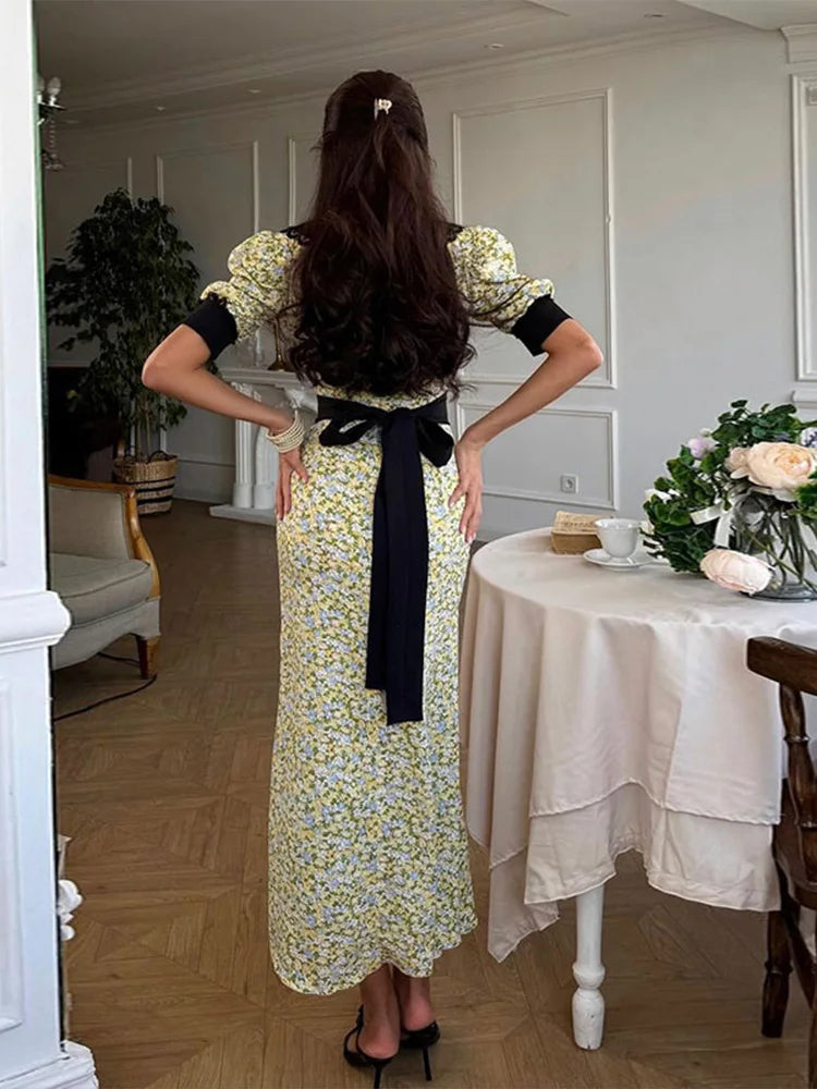 Aiertu  -  Elegant Doll Collar Puff Sleeve Long Dress Woman Sweet Floral Print Split Skirt With Lace Up Belt Fashion Party Commute Dresses Aiertu