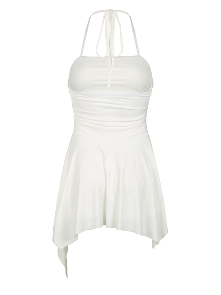 Aiertu - summer inspo Backless Halter Lace Up Sexy Boho Asymmetrical Short Dress For Women Sleeveless Skinny A Line Rave Baddie Vacation Outfits Aiertu
