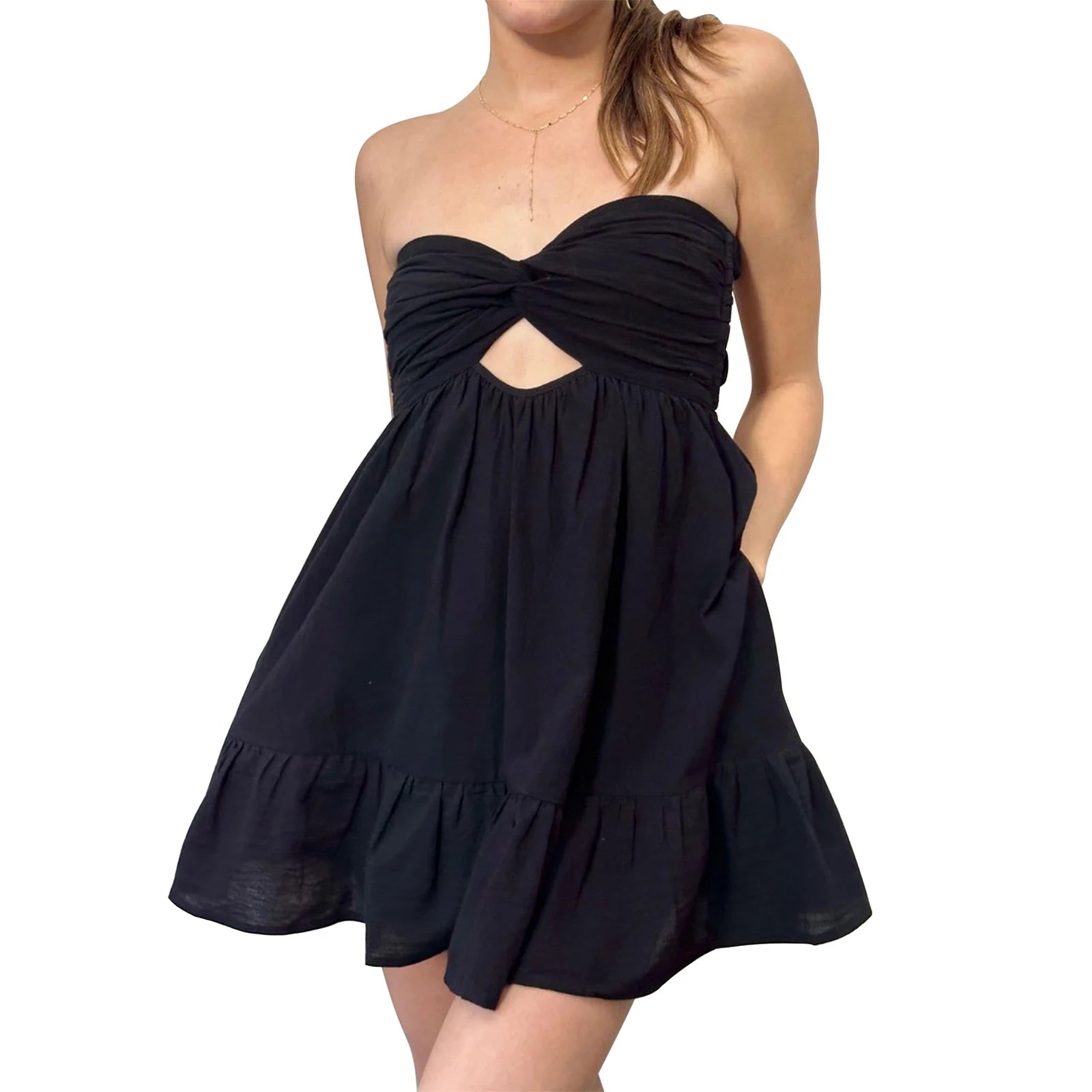 Aiertu  -  Women Solid Color Twisted Tube Dress Ruched Boat Neck Cut-out Backless Sleeveless Double Pockets Flowy Ruffled Dresses Aiertu